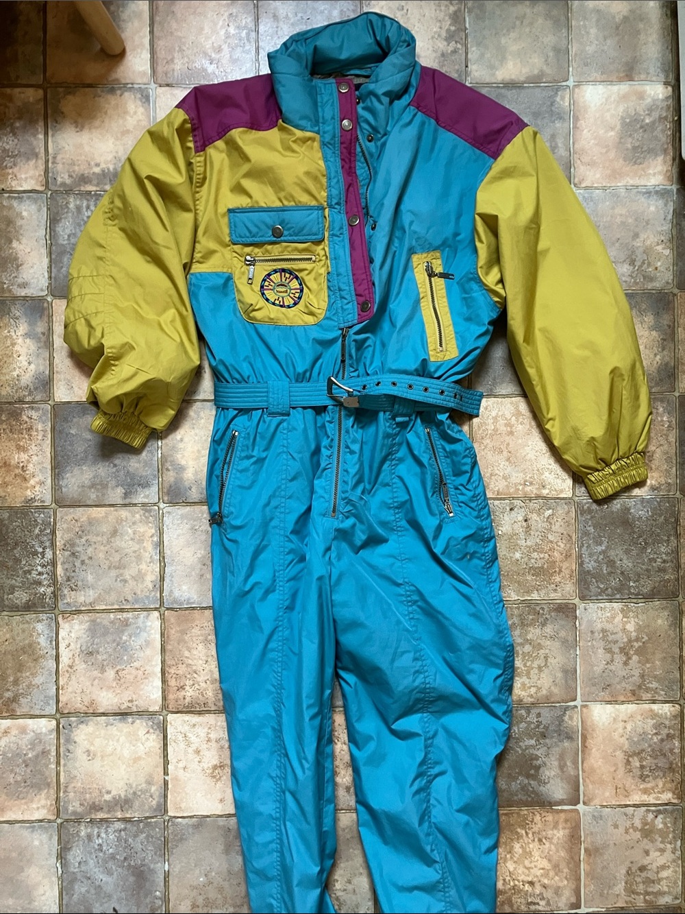 Retro Marker Men’s Colorblock Snow Jumpsuit in Teal, Lime & Purple